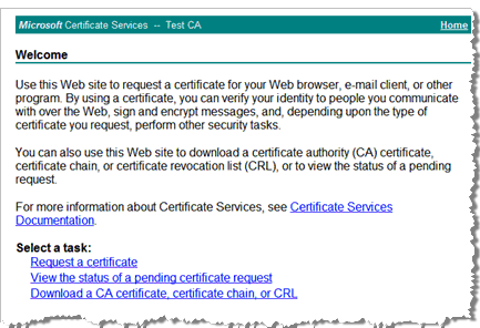 Microsoft Certificate Services Welcome page with a Select a task section